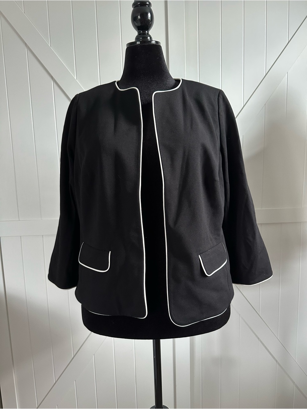 Talbots Plus Petite 14WP Black White Piped Open Front Blazer NWT Knit In Italy